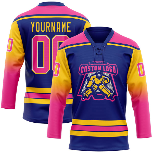 Custom Royal Pink Yellow-White Gradient Sleeves Lace Neck Hockey Jersey