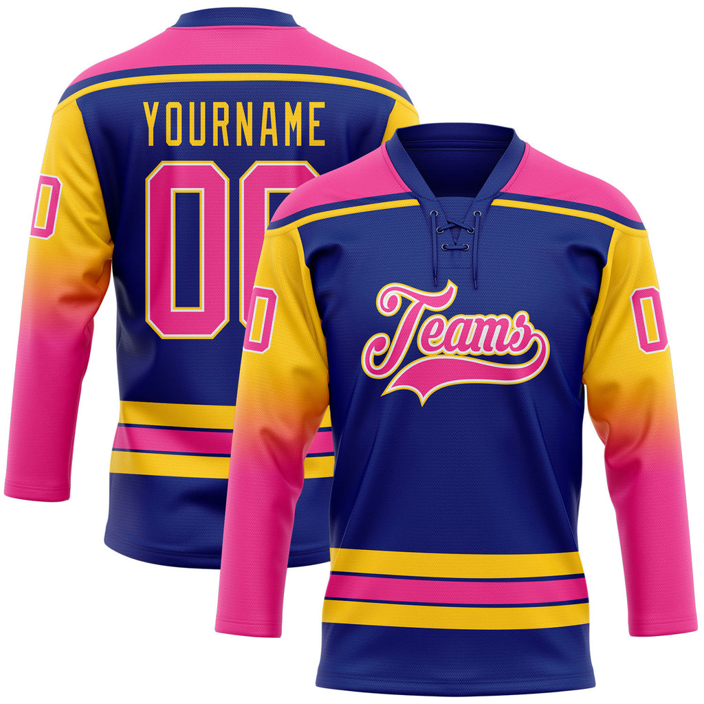 Custom Royal Pink Yellow-White Gradient Sleeves Lace Neck Hockey Jersey