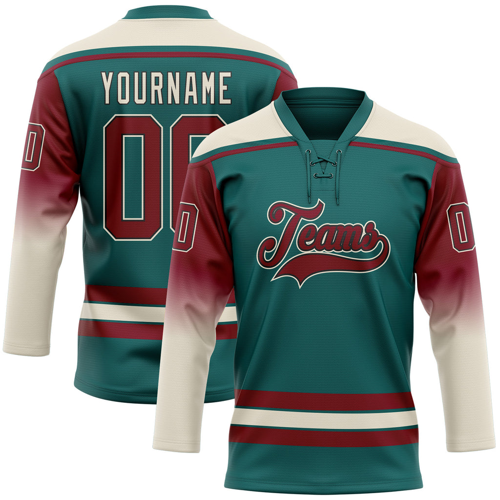 Custom Teal Crimson Cream-Black Gradient Sleeves Lace Neck Hockey Jersey