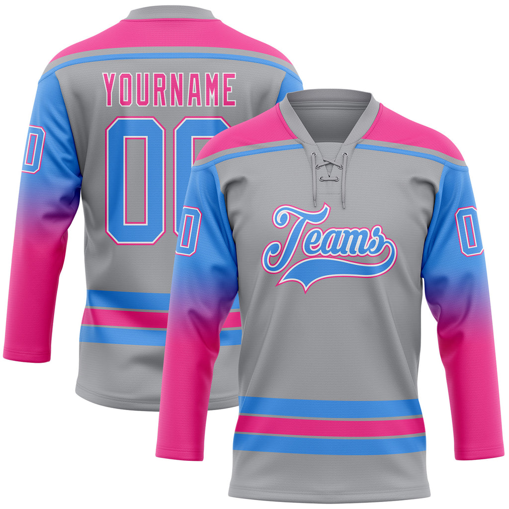 Custom Gray Powder Blue Pink-White Gradient Sleeves Lace Neck Hockey Jersey