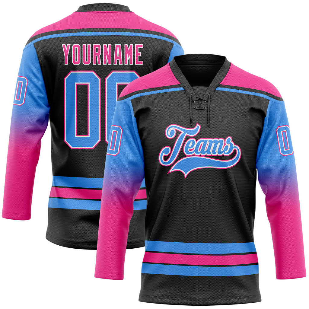 Custom Black Powder Blue Pink-White Gradient Sleeves Lace Neck Hockey Jersey