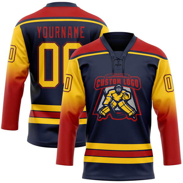 Custom Navy Yellow-Red Gradient Sleeves Lace Neck Hockey Jersey