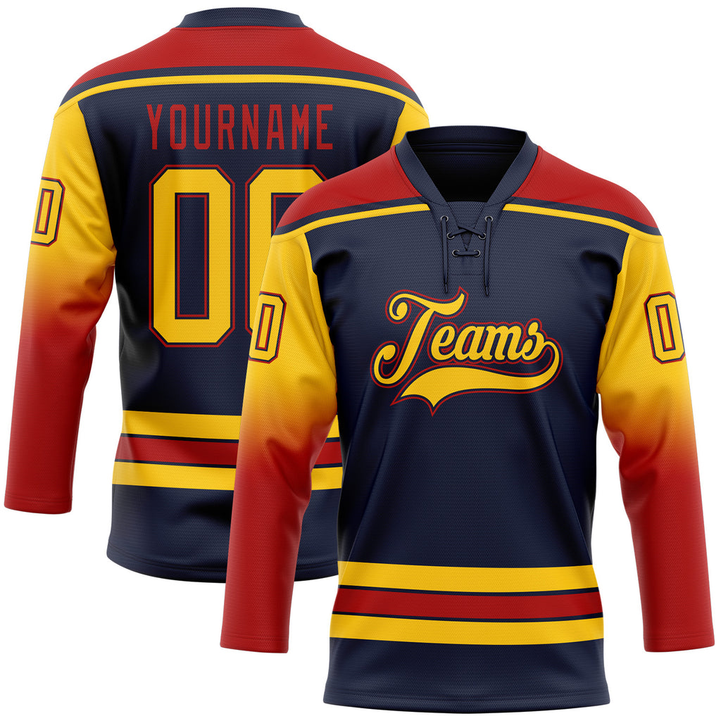 Custom Navy Yellow-Red Gradient Sleeves Lace Neck Hockey Jersey