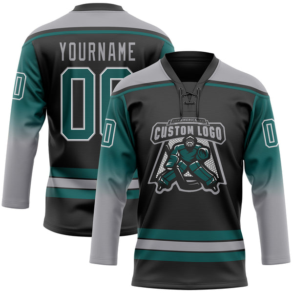 Custom Black Teal Gray-White Gradient Sleeves Lace Neck Hockey Jersey