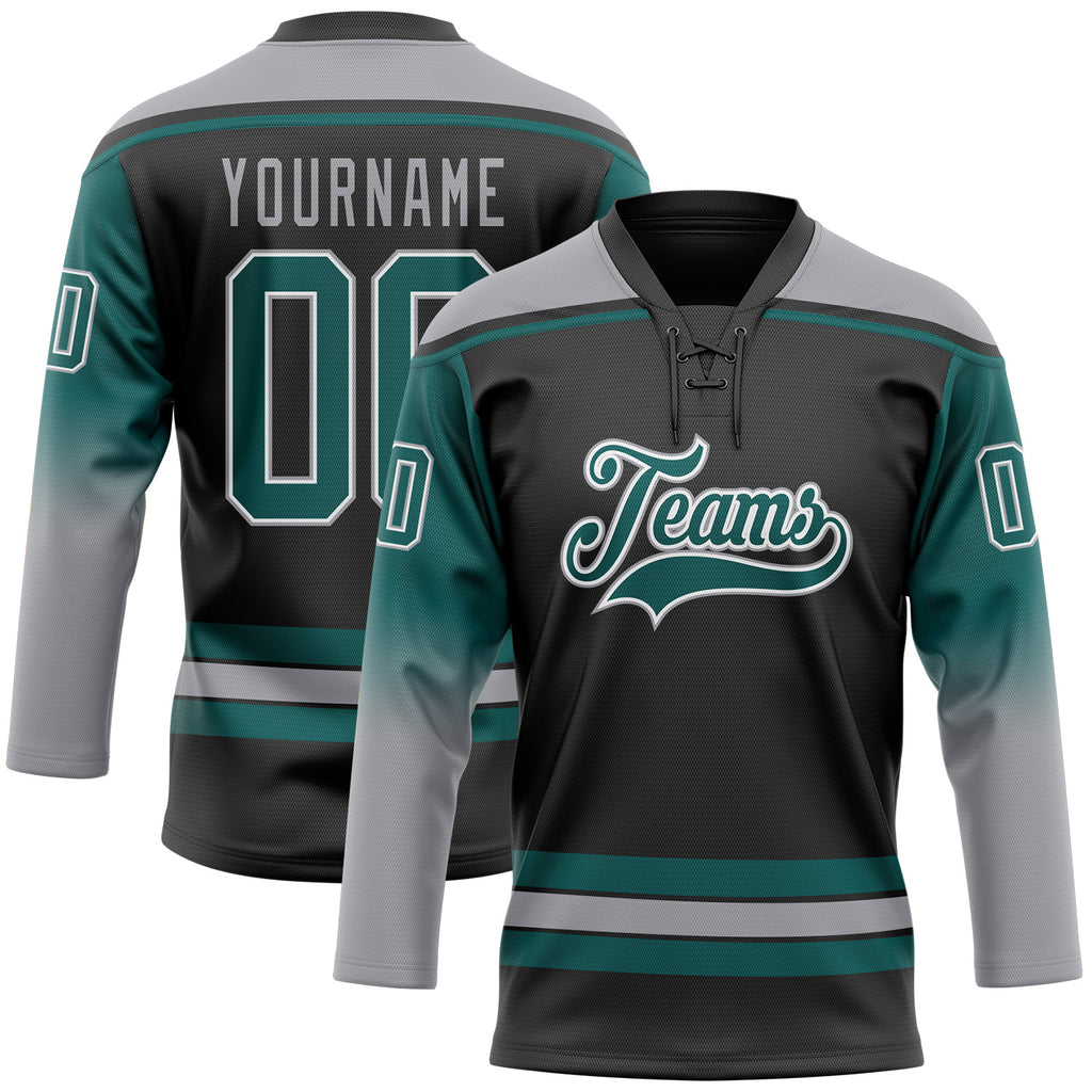 Custom Black Teal Gray-White Gradient Sleeves Lace Neck Hockey Jersey