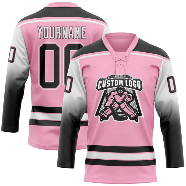 Custom Light Pink Black-White Gradient Sleeves Lace Neck Hockey Jersey