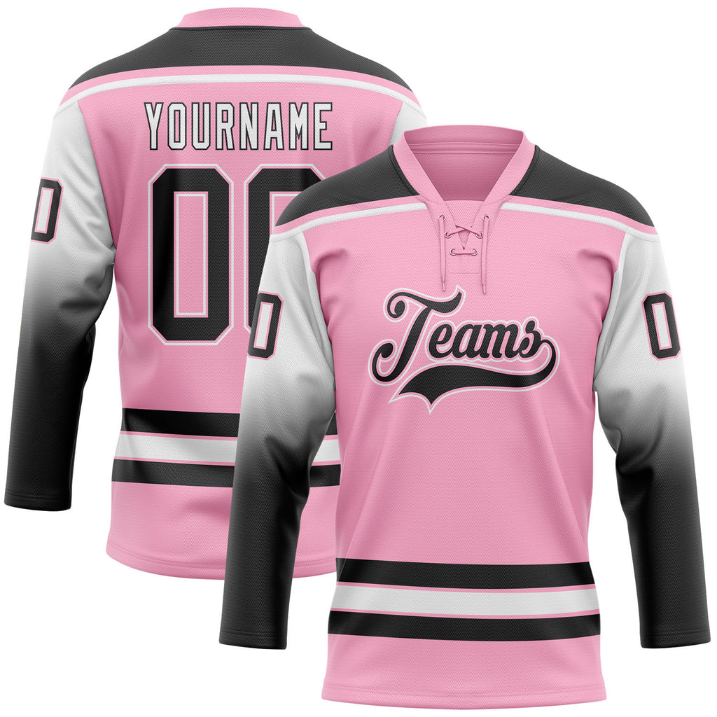 Custom Light Pink Black-White Gradient Sleeves Lace Neck Hockey Jersey