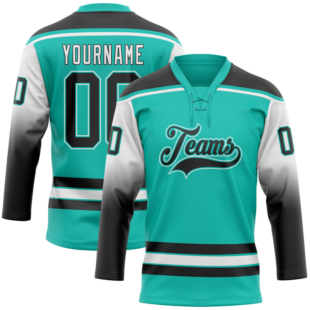 Custom Aqua Black-White Gradient Sleeves Lace Neck Hockey Jersey