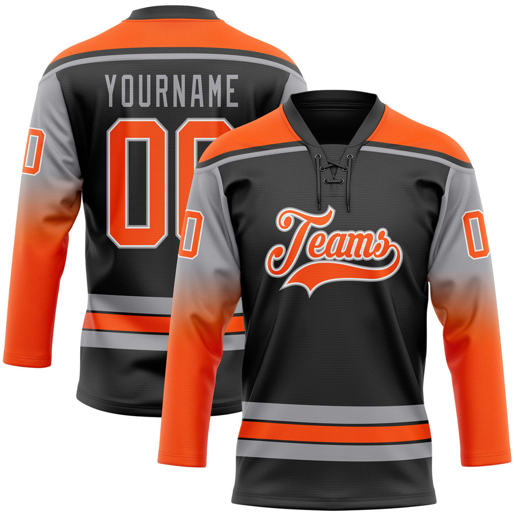 Custom Black Orange Gray-White Gradient Sleeves Lace Neck Hockey Jersey
