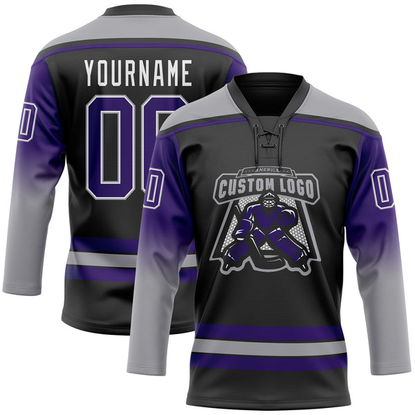 Custom Black Purple Gray-White Gradient Sleeves Lace Neck Hockey Jersey
