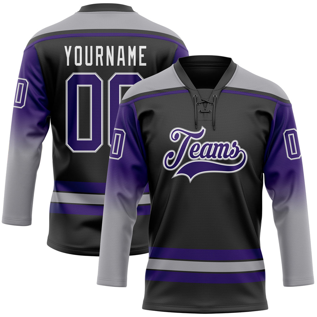 Custom Black Purple Gray-White Gradient Sleeves Lace Neck Hockey Jersey