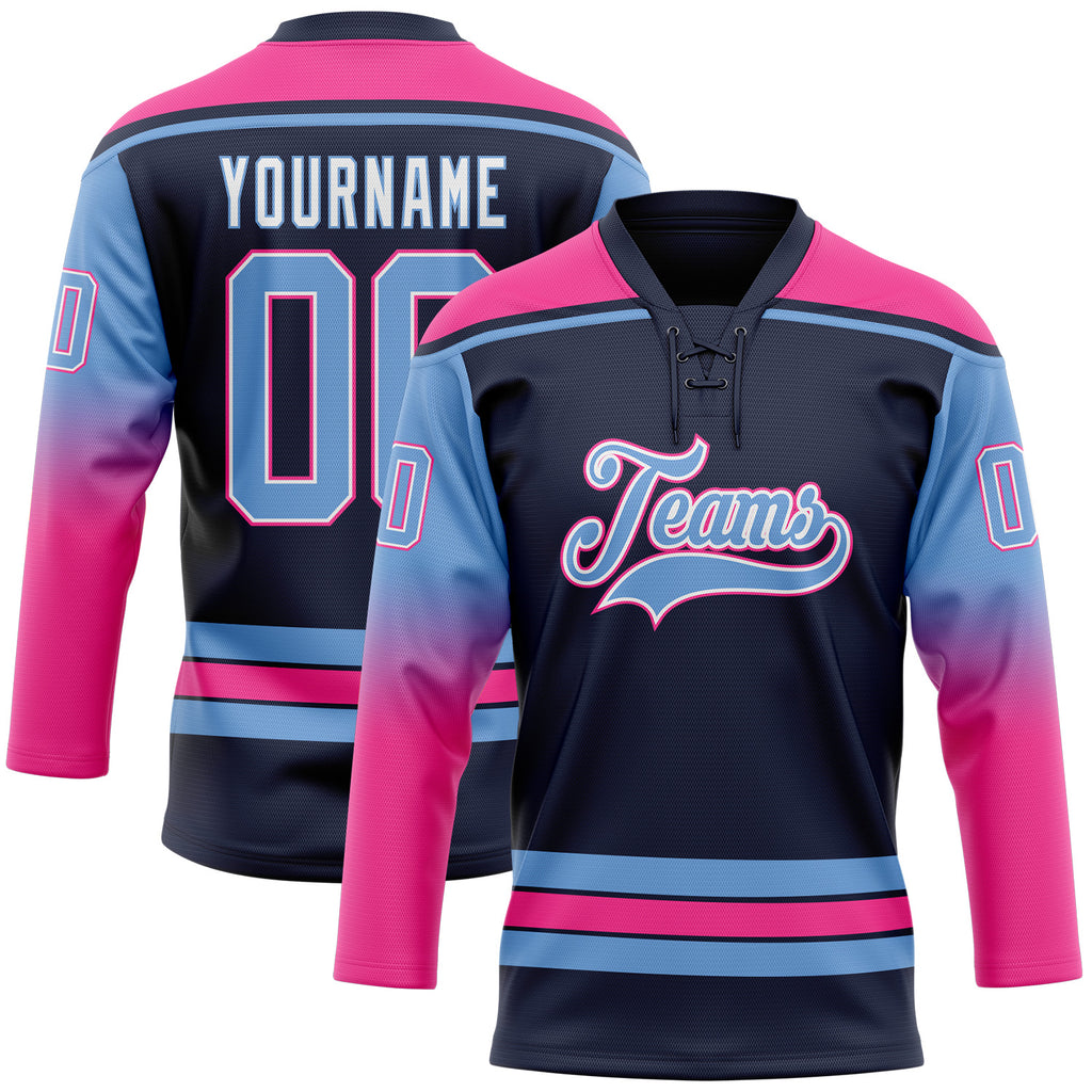 Custom Navy Light Blue Pink-White Gradient Sleeves Lace Neck Hockey Jersey