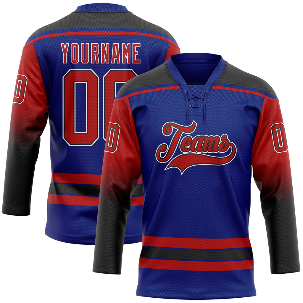 Custom Royal Red Black-White Gradient Sleeves Lace Neck Hockey Jersey
