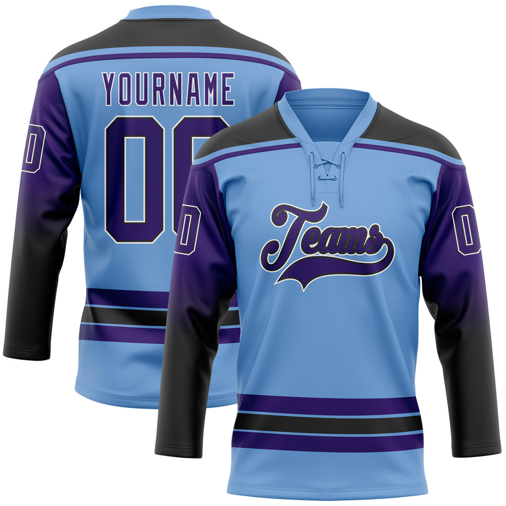 Custom Light Blue Purple Black-White Gradient Sleeves Lace Neck Hockey Jersey