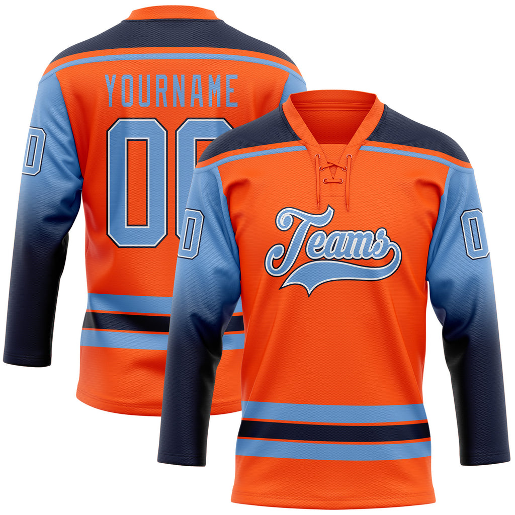 Custom Orange Light Blue Navy-White Gradient Sleeves Lace Neck Hockey Jersey