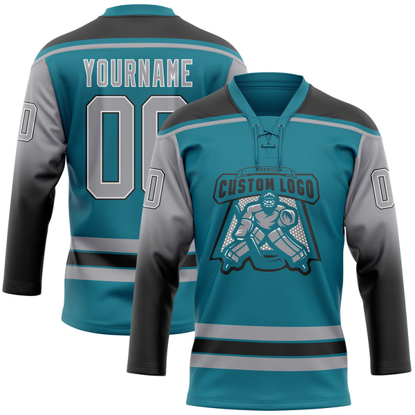 Custom Teal Gray Black-White Gradient Sleeves Lace Neck Hockey Jersey