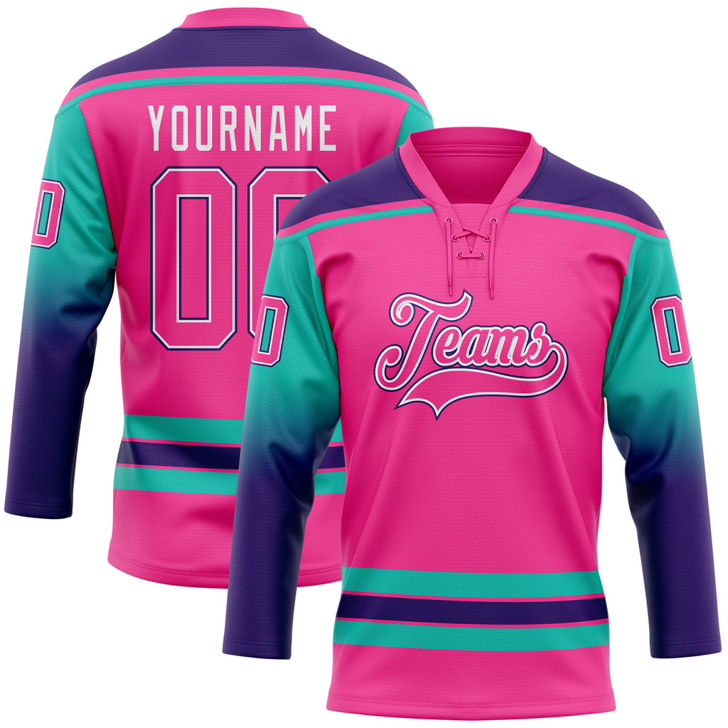 Custom Pink Aqua Purple-White Gradient Sleeves Lace Neck Hockey Jersey