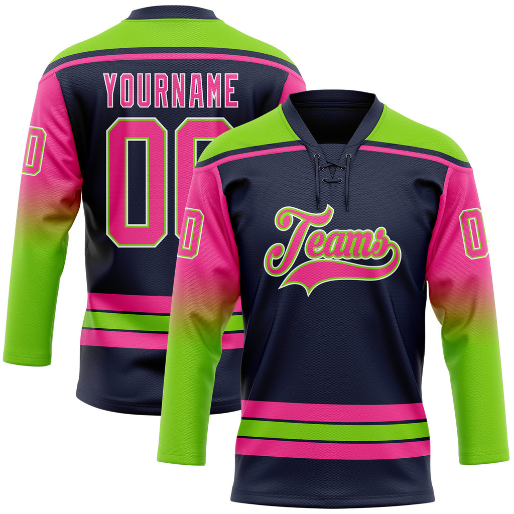 Custom Navy Pink Neon Green-White Gradient Sleeves Lace Neck Hockey Jersey