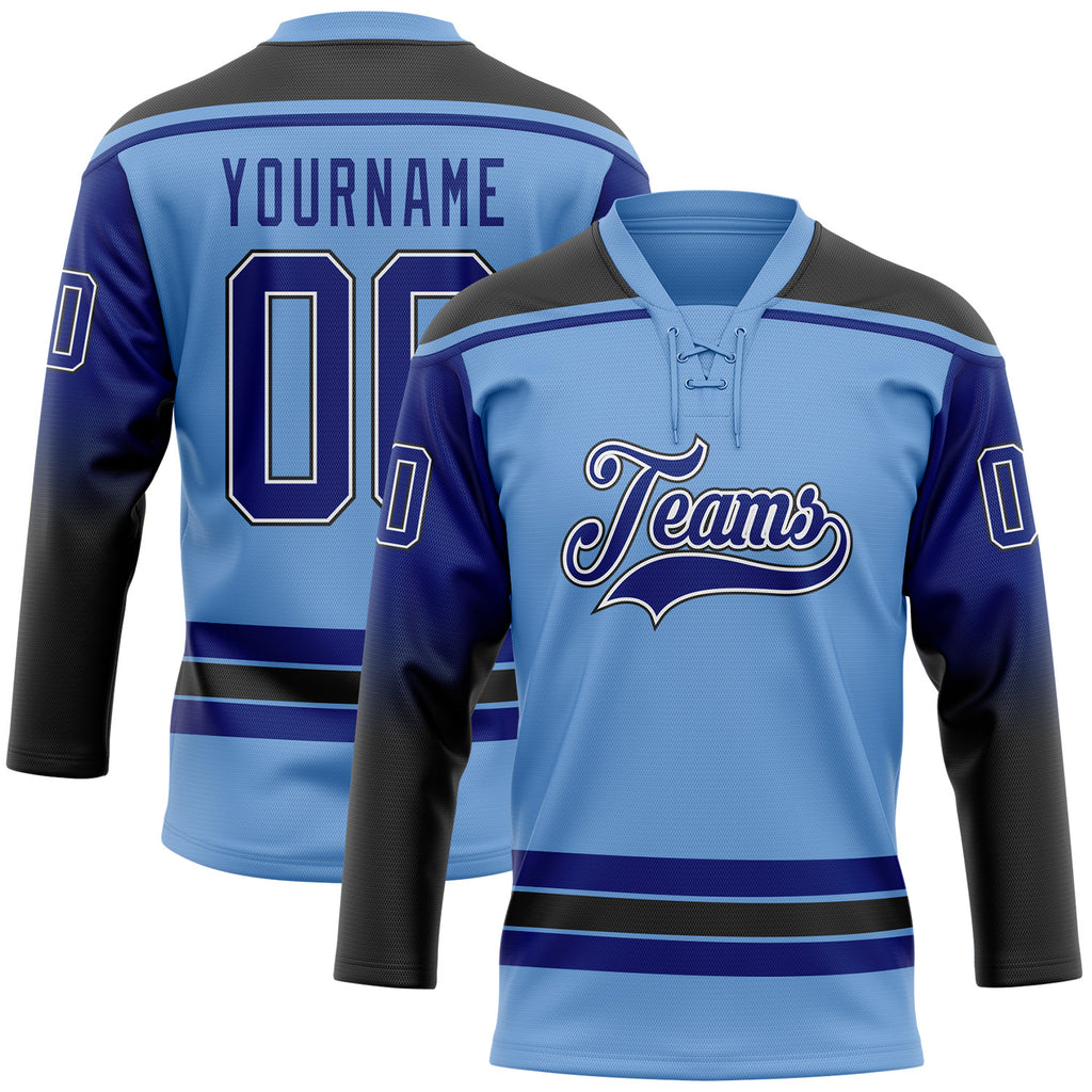 Custom Light Blue Royal Black-White Gradient Sleeves Lace Neck Hockey Jersey