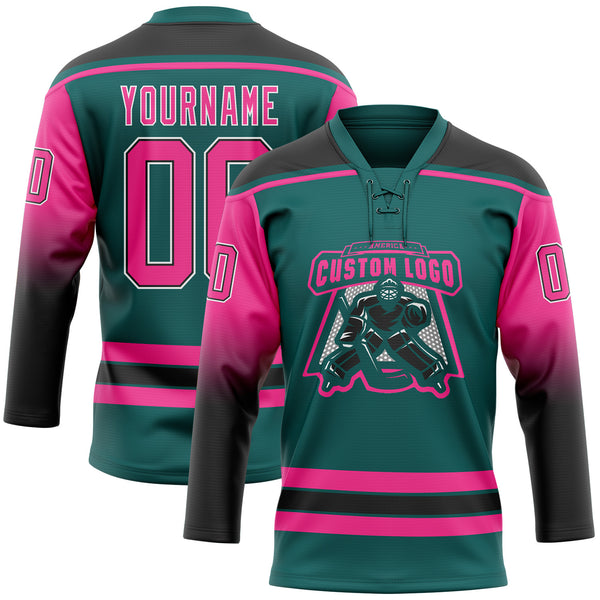 Custom Teal Pink Black-White Gradient Sleeves Lace Neck Hockey Jersey