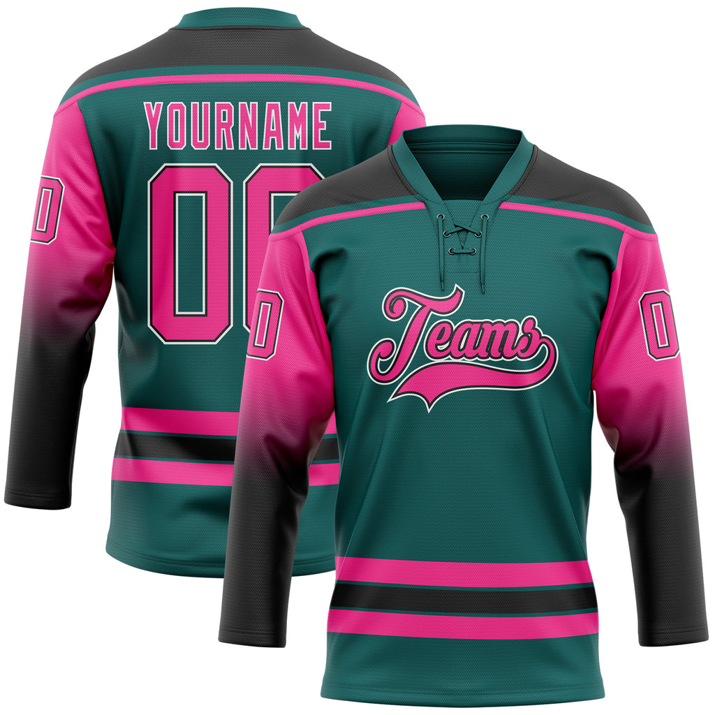 Custom Teal Pink Black-White Gradient Sleeves Lace Neck Hockey Jersey