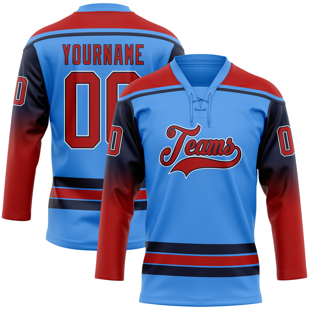 Custom Powder Blue Red Navy-White Gradient Sleeves Lace Neck Hockey Jersey