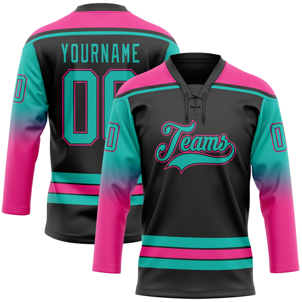 Custom Black Aqua-Pink Gradient Sleeves Lace Neck Hockey Jersey