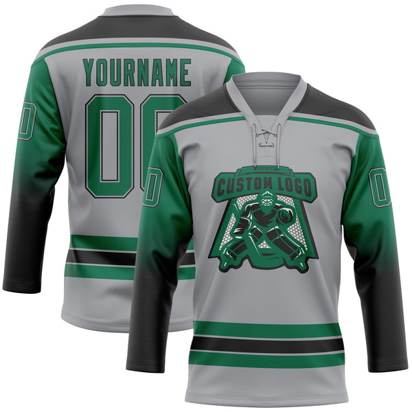 Custom Gray Kelly Green-Black Gradient Sleeves Lace Neck Hockey Jersey