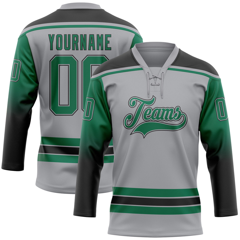 Custom Gray Kelly Green-Black Gradient Sleeves Lace Neck Hockey Jersey