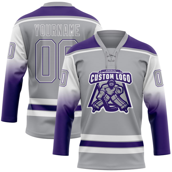 Custom Gray White-Purple Gradient Sleeves Lace Neck Hockey Jersey
