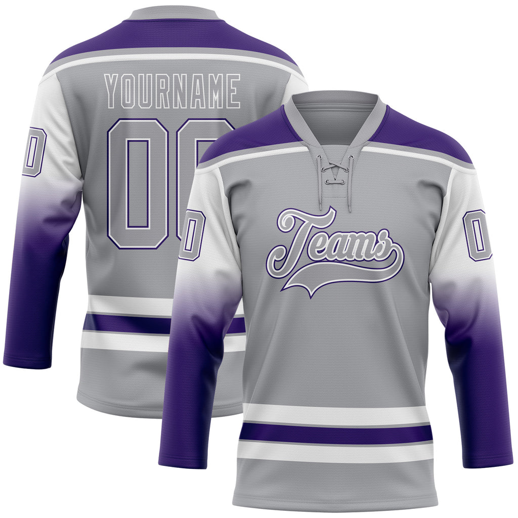 Custom Gray White-Purple Gradient Sleeves Lace Neck Hockey Jersey