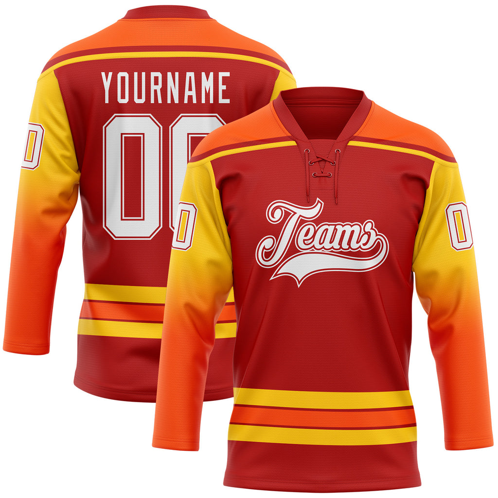 Custom Red White Yellow-Orange Gradient Sleeves Lace Neck Hockey Jersey