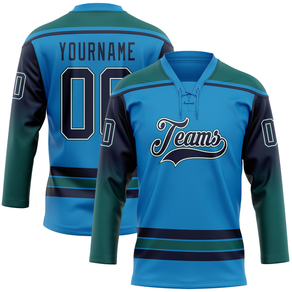 Custom Blue Navy Teal-White Gradient Sleeves Lace Neck Hockey Jersey