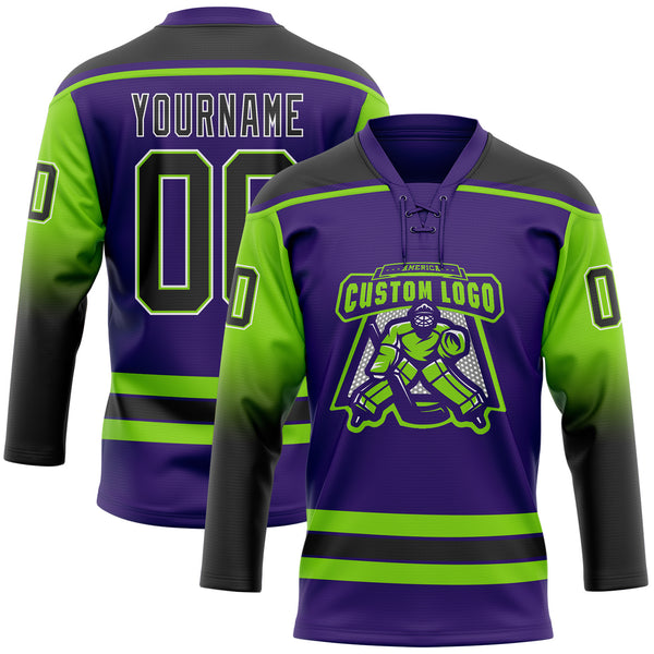 Custom Purple Black Neon Green-White Gradient Sleeves Lace Neck Hockey Jersey