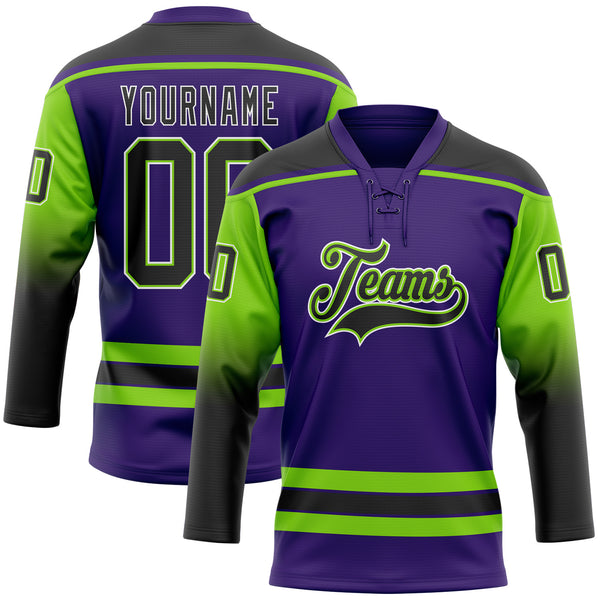 Custom Purple Black Neon Green-White Gradient Sleeves Lace Neck Hockey Jersey