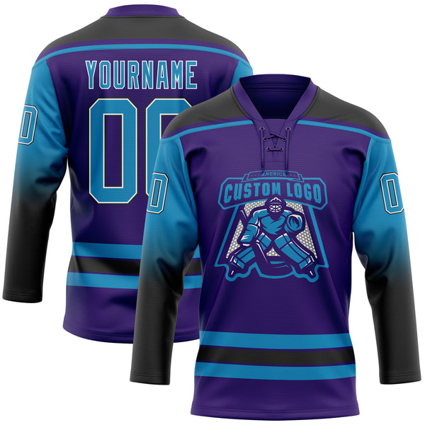 Custom Purple Panther Blue Black-White Gradient Sleeves Lace Neck Hockey Jersey