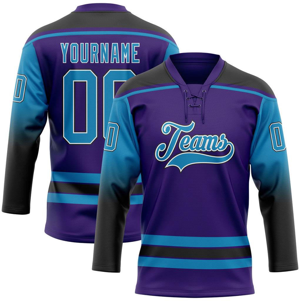 Custom Purple Panther Blue Black-White Gradient Sleeves Lace Neck Hockey Jersey