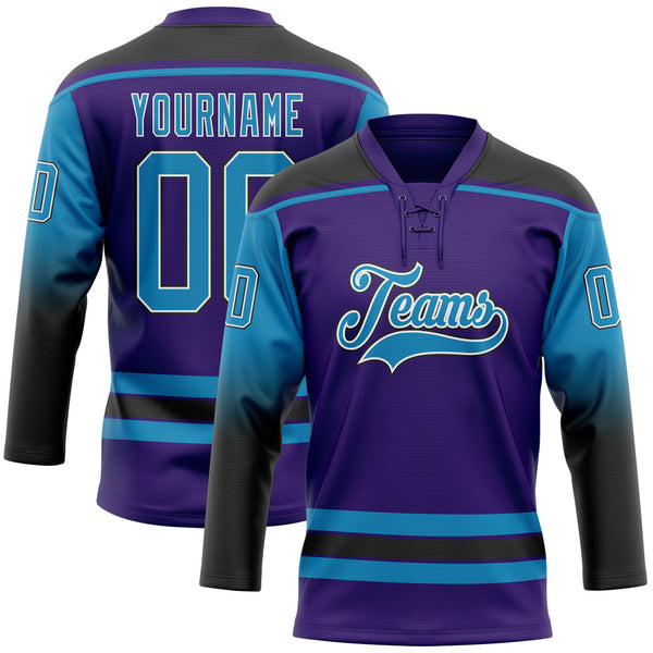 Custom Purple Panther Blue Black-White Gradient Sleeves Lace Neck Hockey Jersey