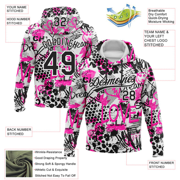 Custom Stitched Graffiti Pattern White-Black 3D Sports Pullover Sweatshirt Hoodie