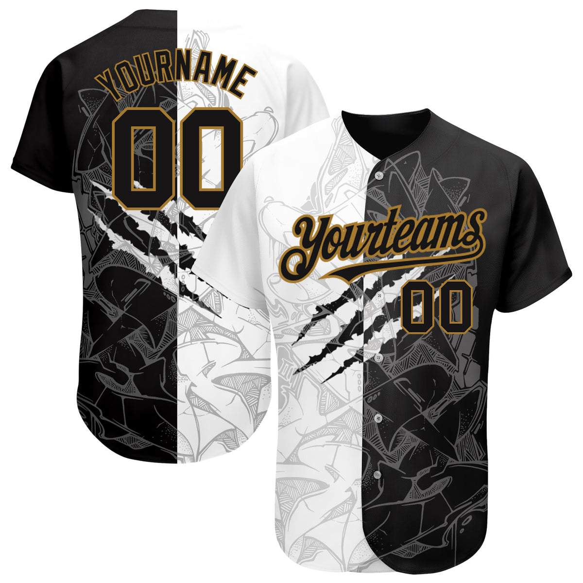 Custom Graffiti Pattern Black-Old Gold 3D Authentic Baseball Jersey ...