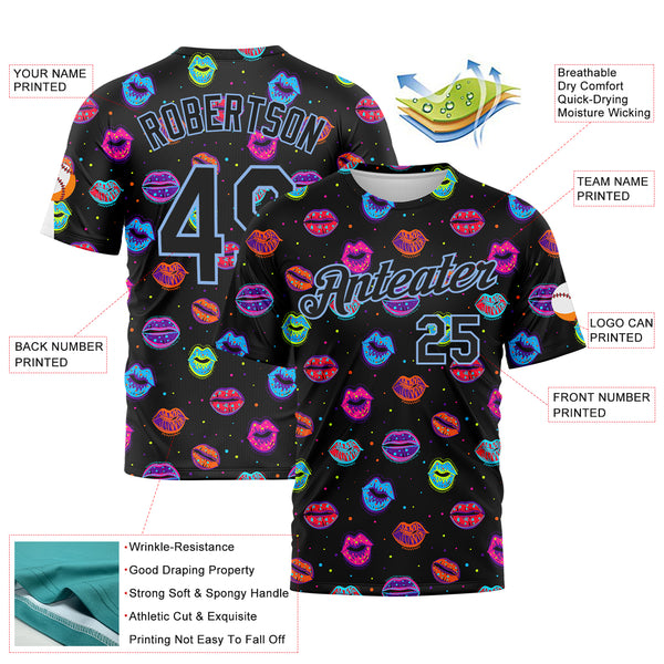 Custom Graffiti Pattern Black-Light Blue 3D Dots And Kiss Lips Performance T-Shirt
