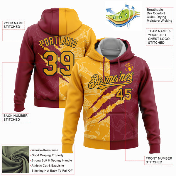 Custom Stitched Graffiti Pattern Gold Crimson-Black 3D Scratch Sports Pullover Sweatshirt Hoodie
