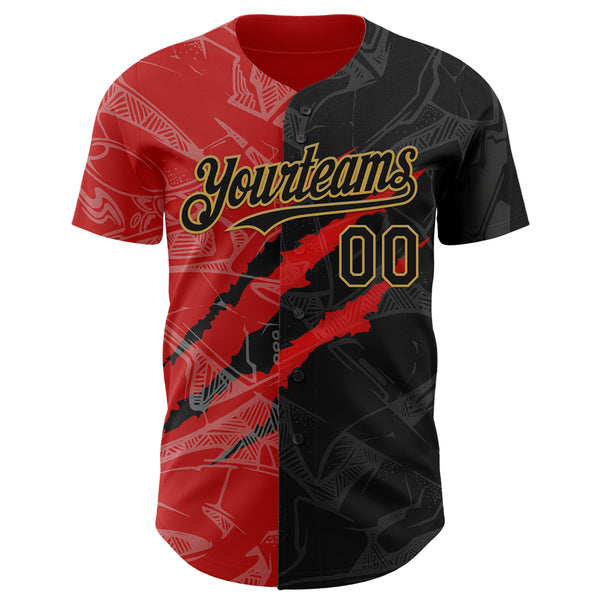 Custom Graffiti Pattern Black Red-Old Gold 3D Scratch Authentic Baseball Jersey