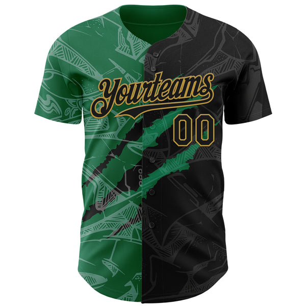 Custom Graffiti Pattern Black Kelly Green-Old Gold 3D Scratch Authentic Baseball Jersey