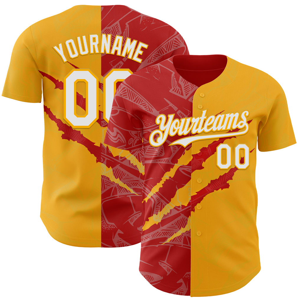 Custom Graffiti Pattern White Gold-Red 3D Scratch Authentic Baseball Jersey