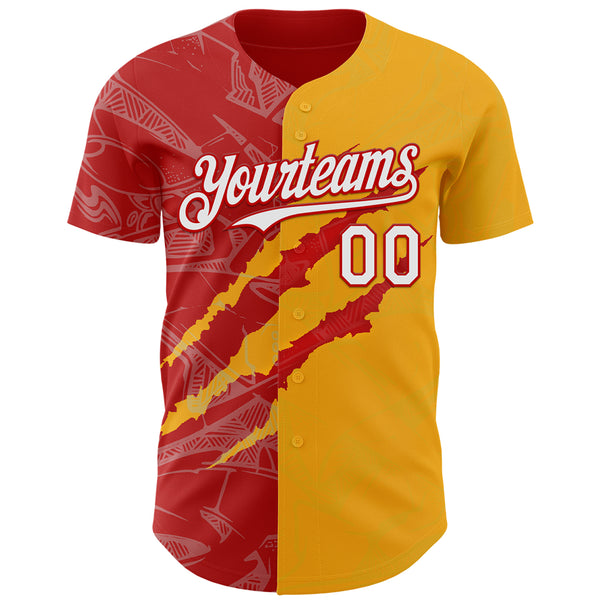 Custom Graffiti Pattern White Gold-Red 3D Scratch Authentic Baseball Jersey