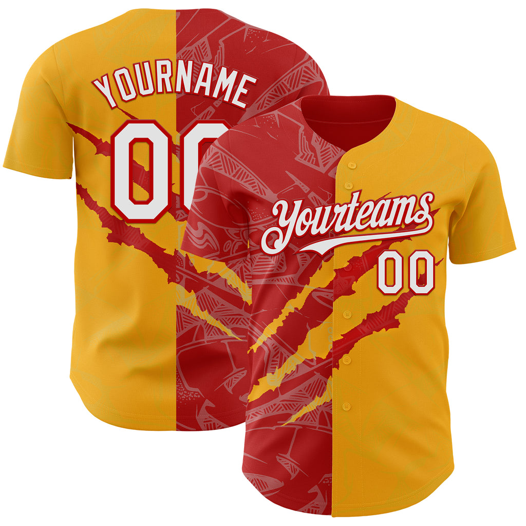 Custom Graffiti Pattern White Gold-Red 3D Scratch Authentic Baseball Jersey