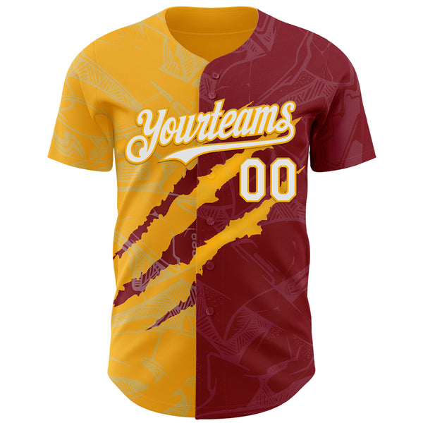 Custom Graffiti Pattern White Crimson-Gold 3D Scratch Authentic Baseball Jersey