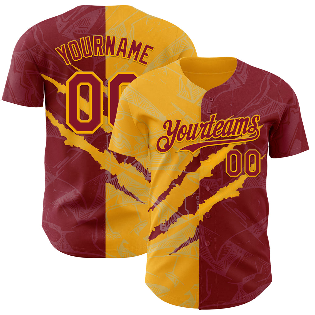 Custom Graffiti Pattern Crimson-Gold 3D Scratch Authentic Baseball Jersey