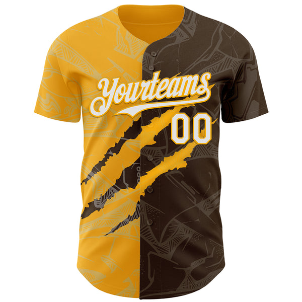 Custom Graffiti Pattern White Brown-Gold 3D Scratch Authentic Baseball Jersey